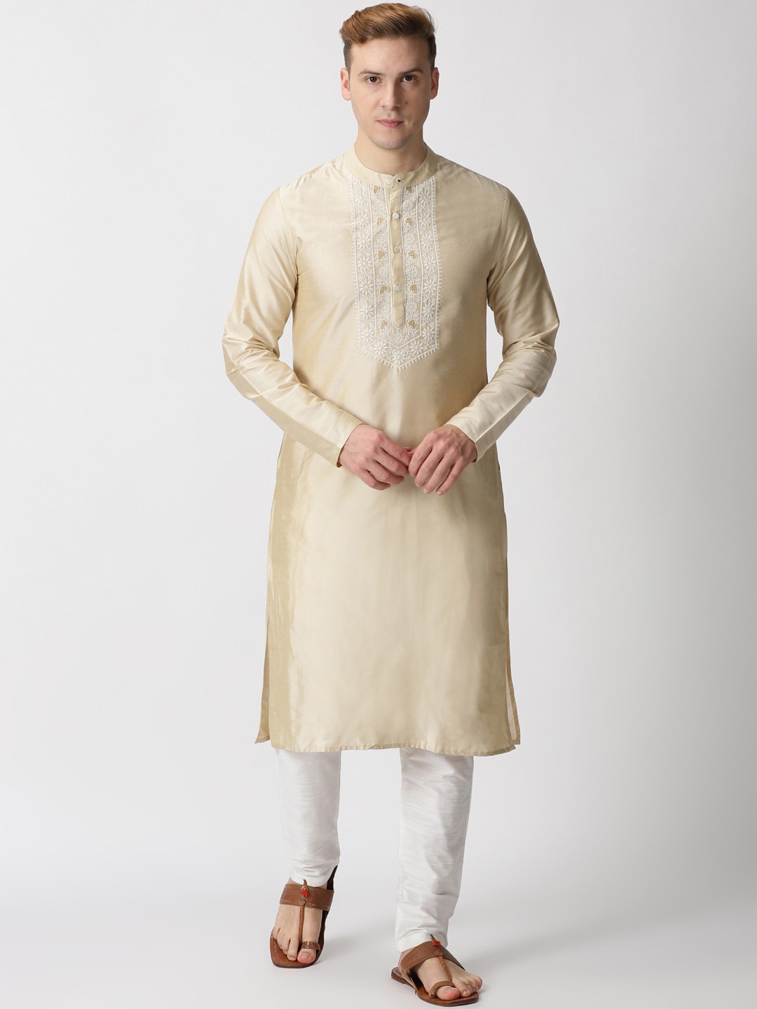 

Saffron Threads Men Floral Yoke Design Thread Work Art Silk Kurta, Beige