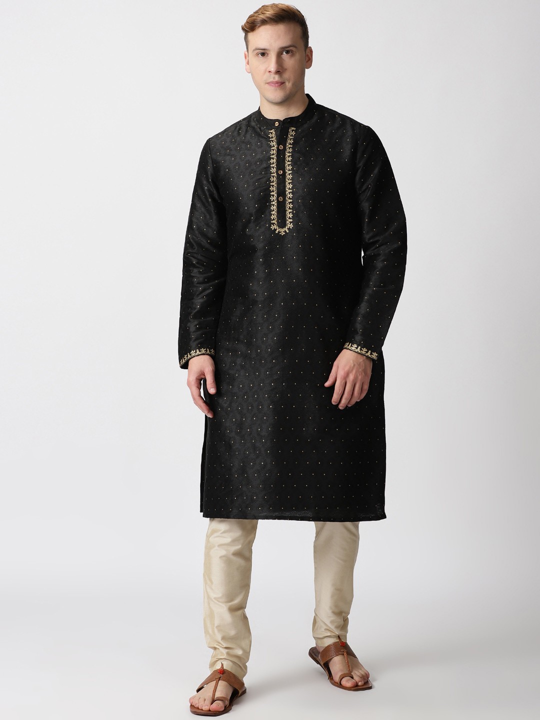 

Saffron Threads Men Ethnic Motifs Woven Design Jacquard Kurta, Black