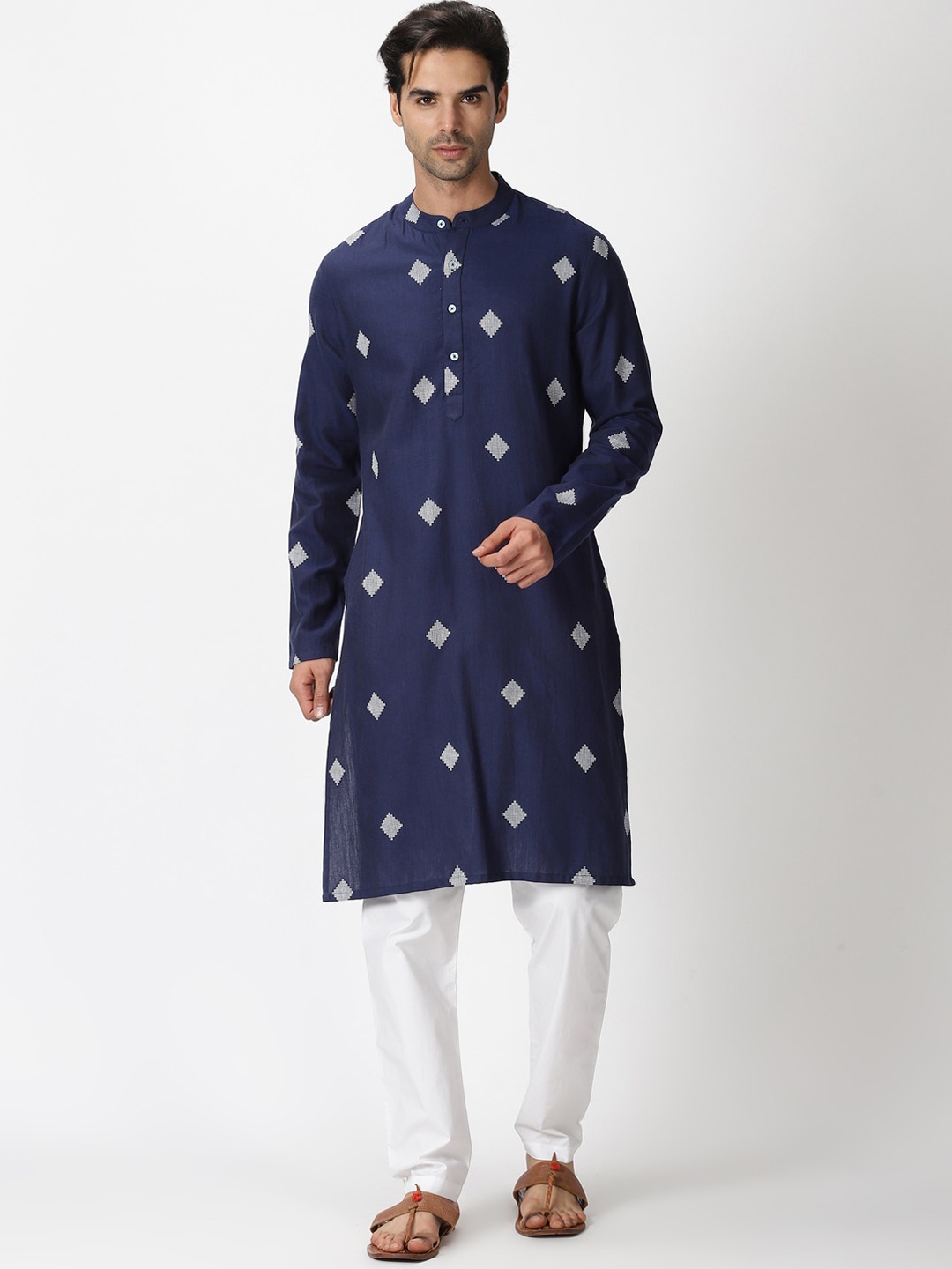 

Saffron Threads Men Navy Blue Geometric Woven Design Dobby Cotton Kurta