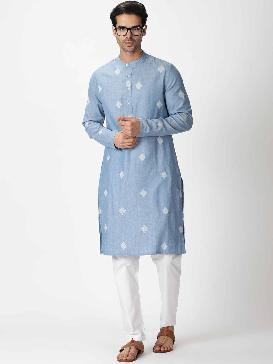 

Saffron Threads Men Geometric Woven Design Dobby Cotton Kurta, Blue