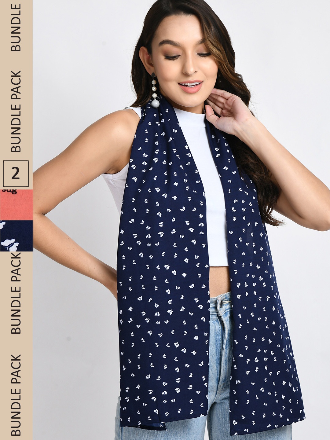 

V&M Women Pack Of 2 Typography Printed Scarves, Navy blue