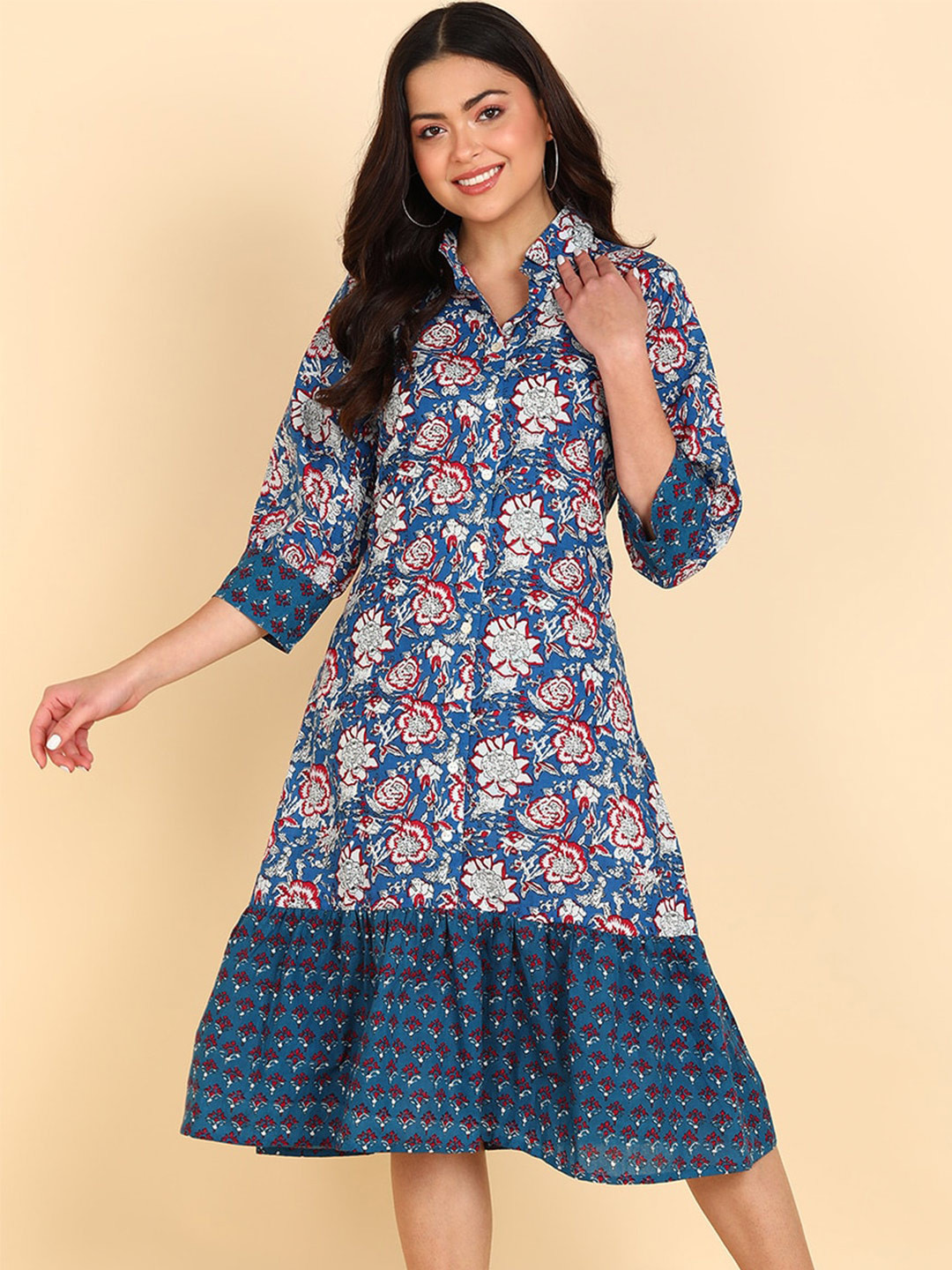 

Sangria Floral Printed Flounce Cotton Shirt Dress, Navy blue