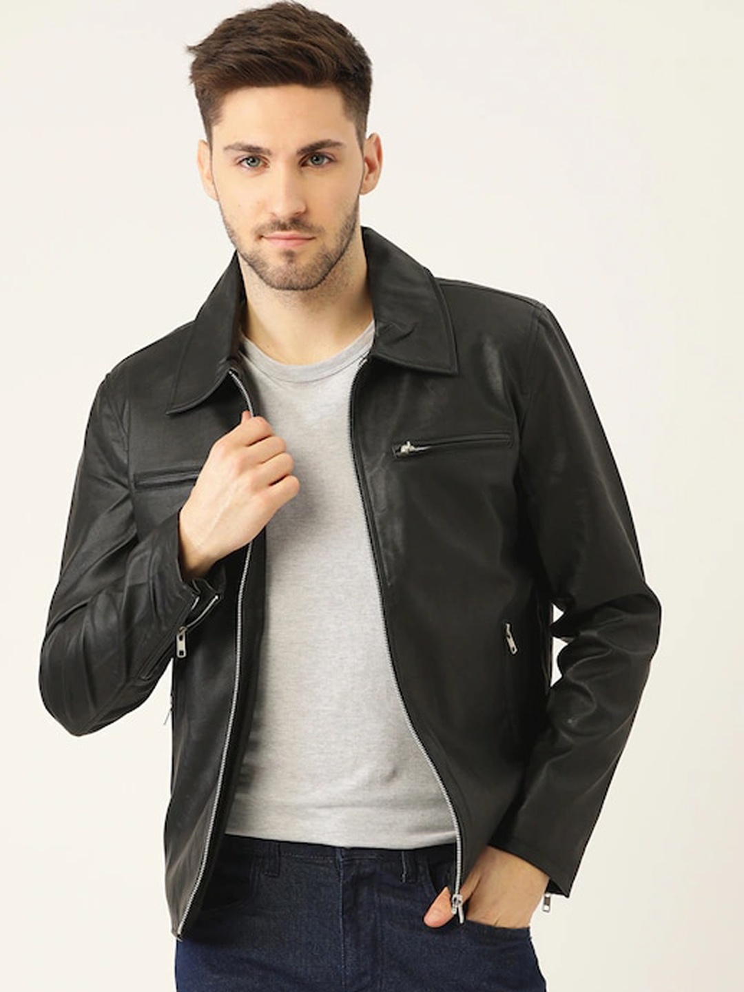 

Leather Retail Men Black Geometric Geometric Crop Outdoor Biker Jacket