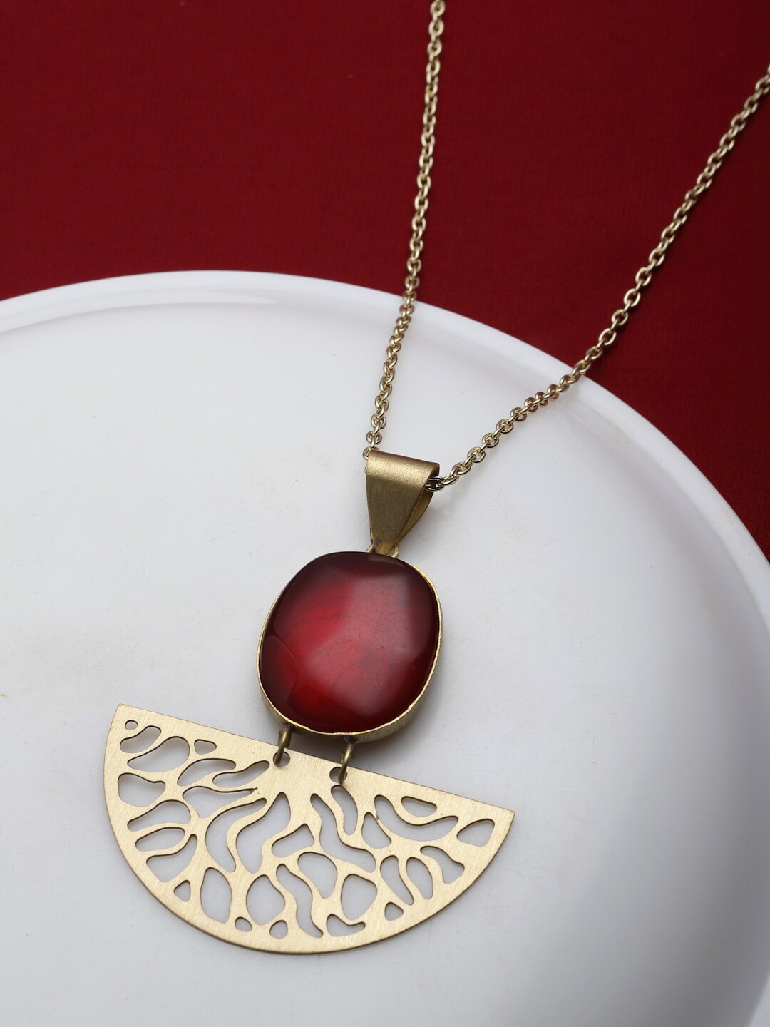 

PANASH Gold-Plated Stone-Studded Pendant with Chain, Maroon
