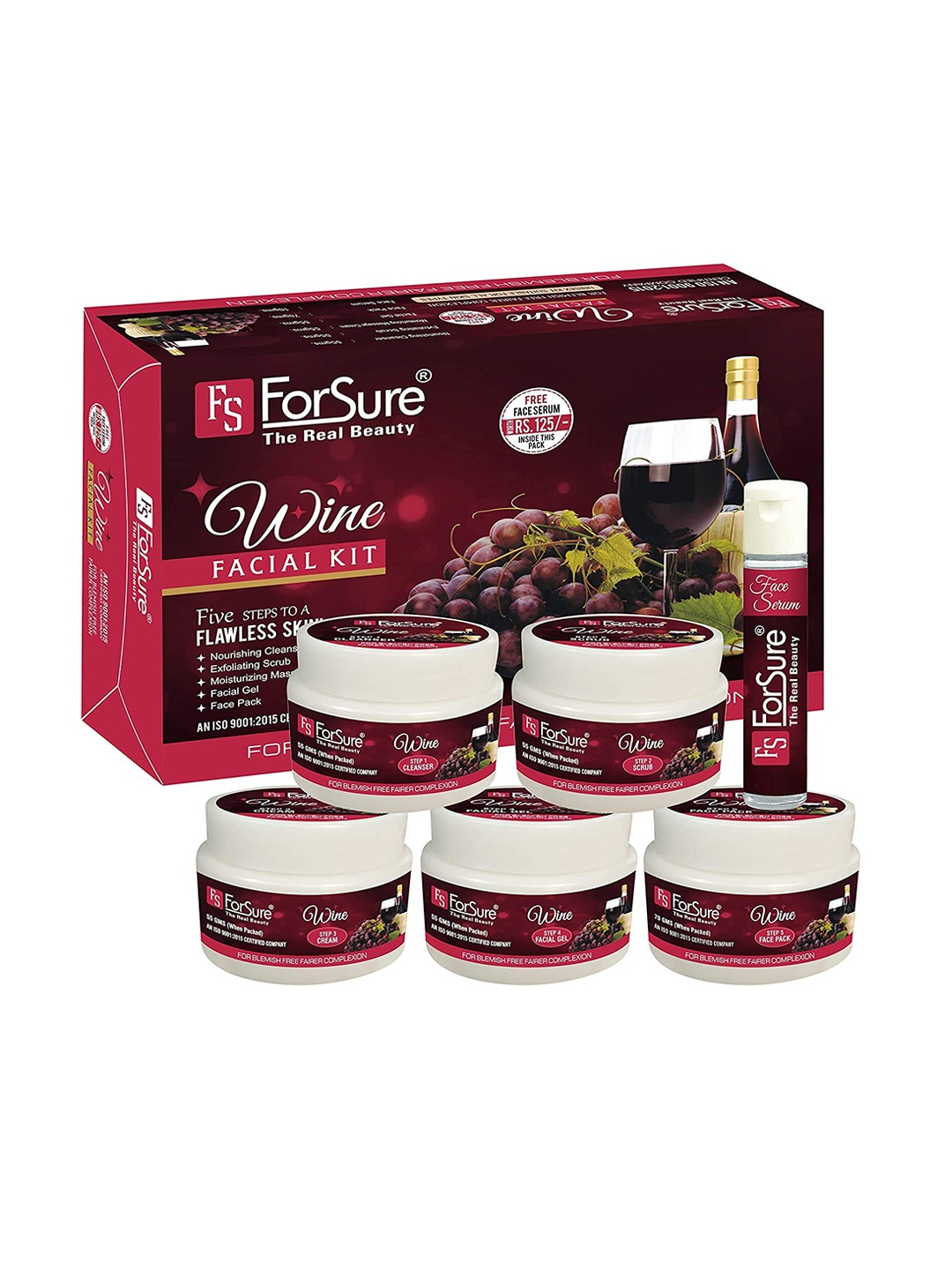 

ForSure Wine 5-Step Facial Kit with Free Face Serum, Burgundy