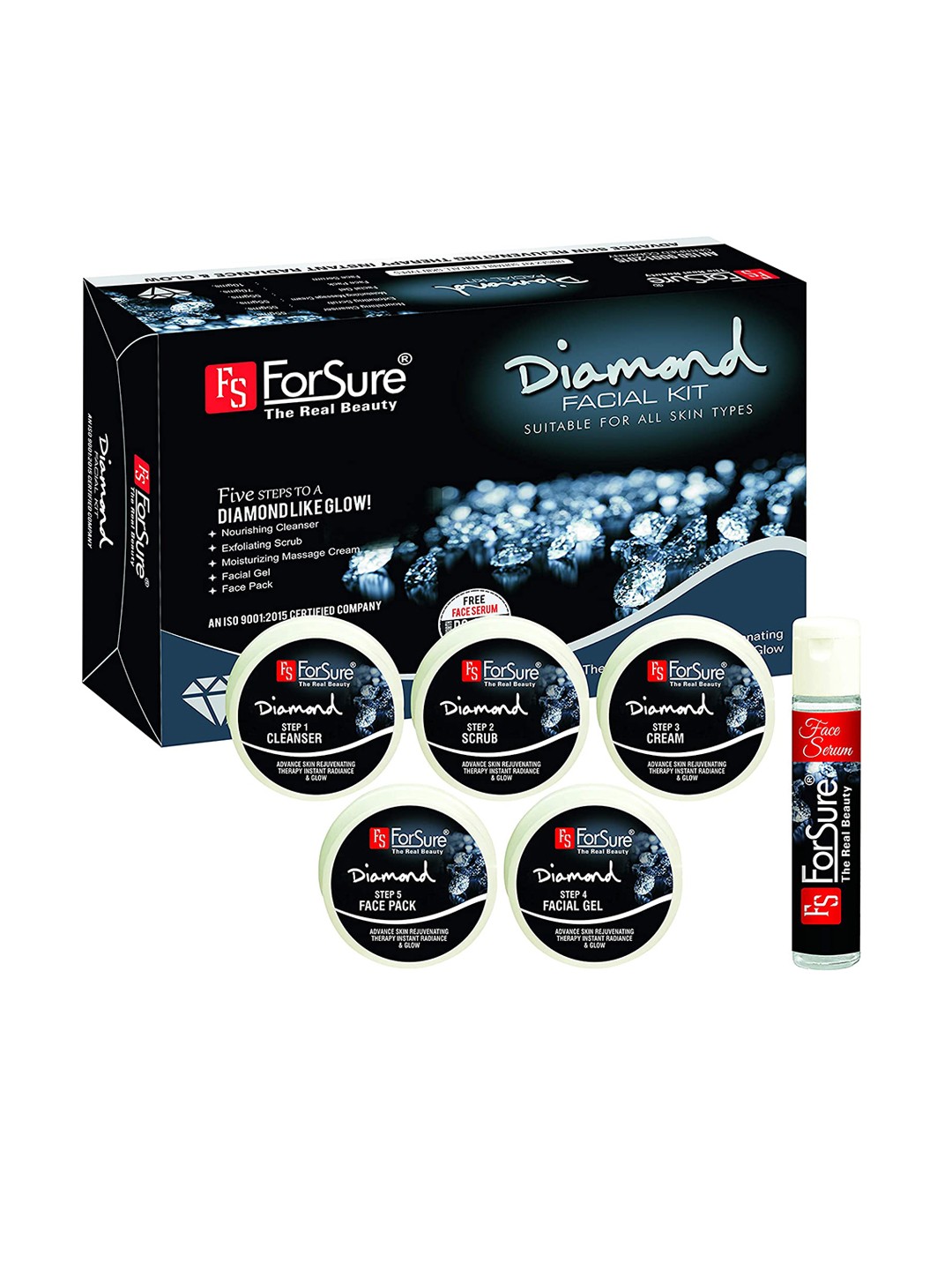 

ForSure Diamond Like Glow 5-Step Facial Kit with Free Face Serum, Black