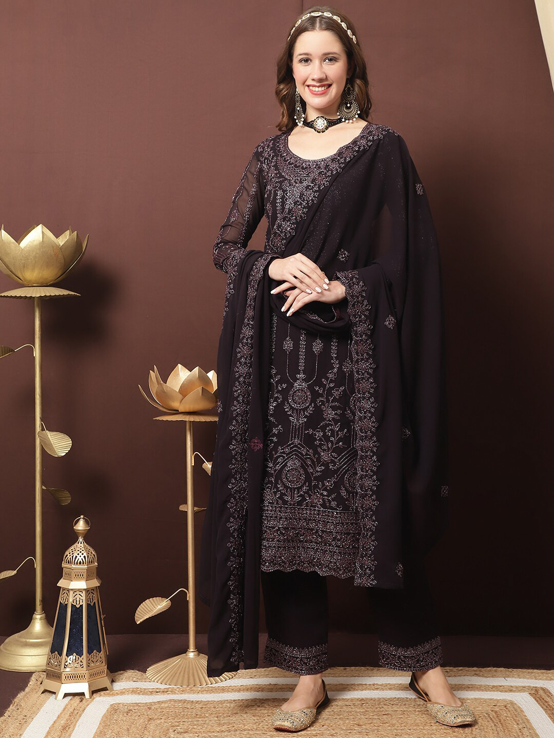 

Stylee LIFESTYLE Embroidered Silk Georgette Unstitched Dress Material, Brown