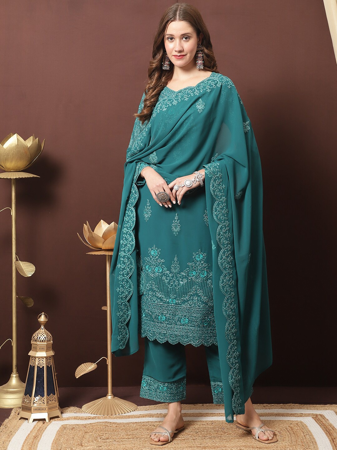 

Stylee LIFESTYLE Embroidered Silk Georgette Unstitched Dress Material, Green