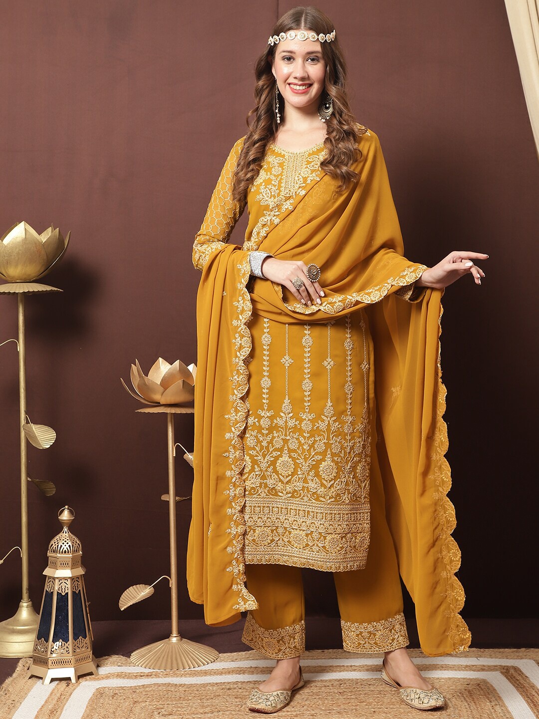 

Stylee LIFESTYLE Embroidered Silk Georgette Unstitched Dress Material, Mustard