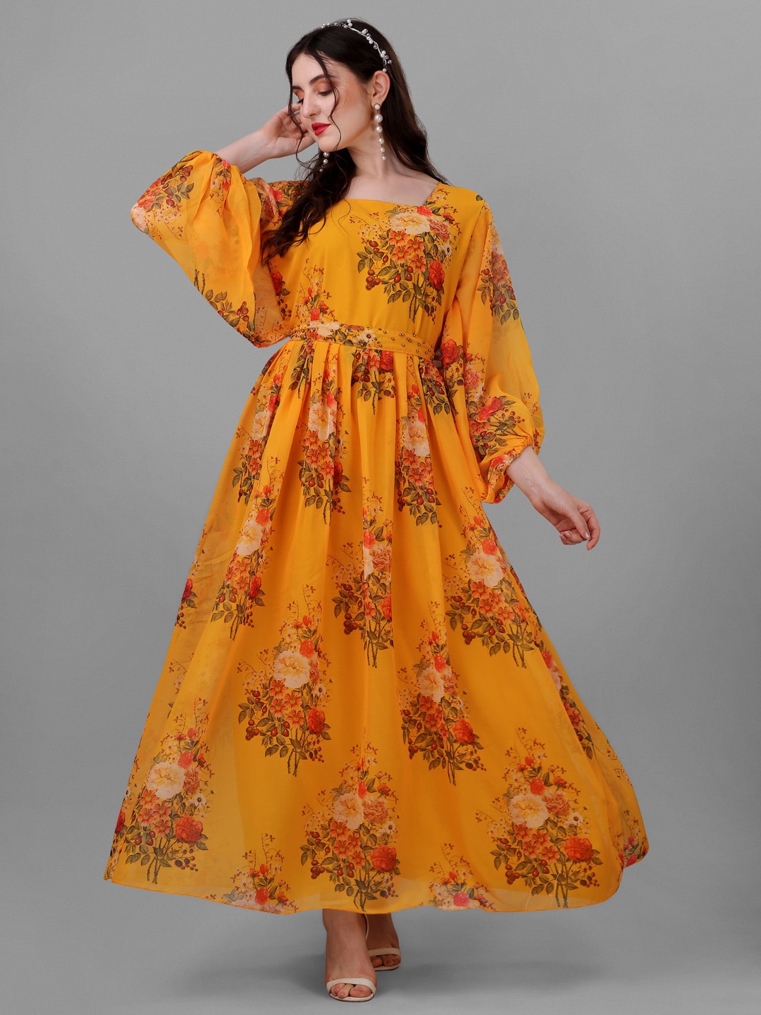 

Angroop Women Floral Printed Long Sleeve Anarkali Kurta, Yellow