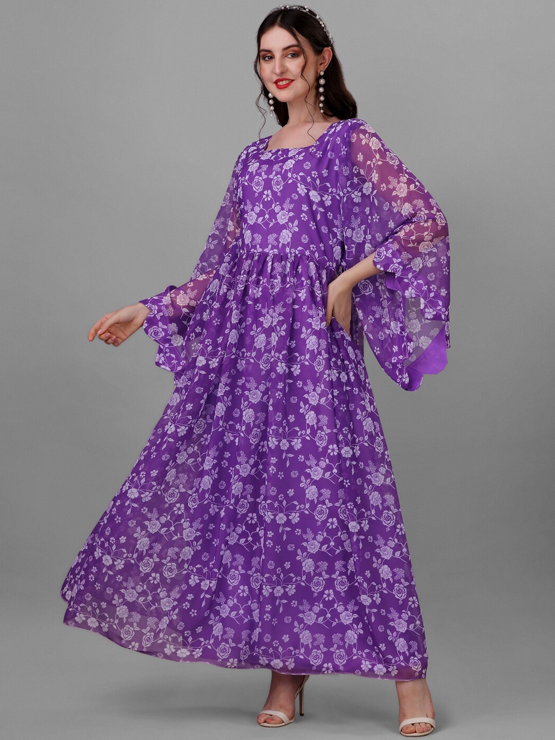 

Angroop Floral Printed Flared Sleeved Maxi Dress, Purple