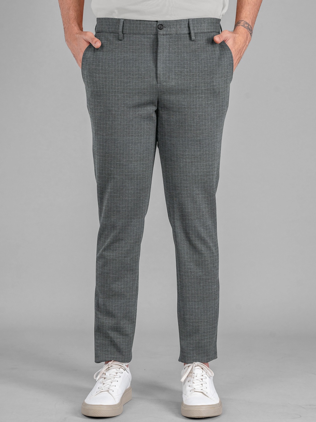 

The Pant Project Men Slim Fit Mid-Rise Checks Wrinkle Free Soft-Stretch-Comfort Trousers, Grey