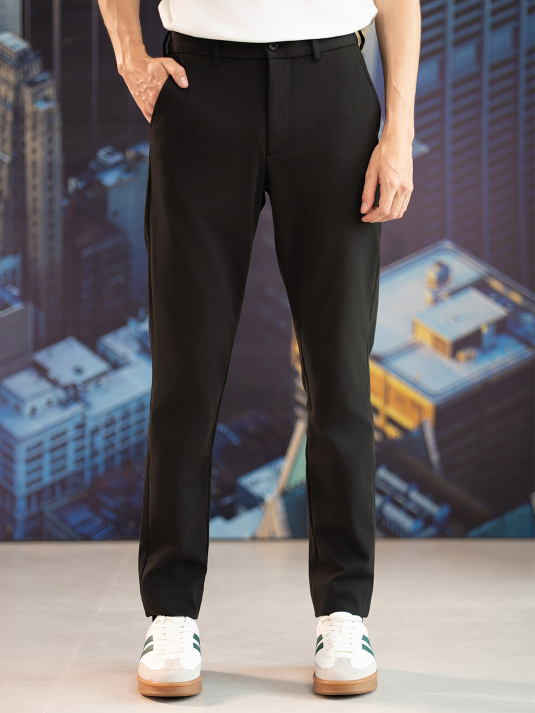 The Pant Project Bangalore Black Slim-Fit Wrinkle-Free Power-Stretch Knitted Trousers