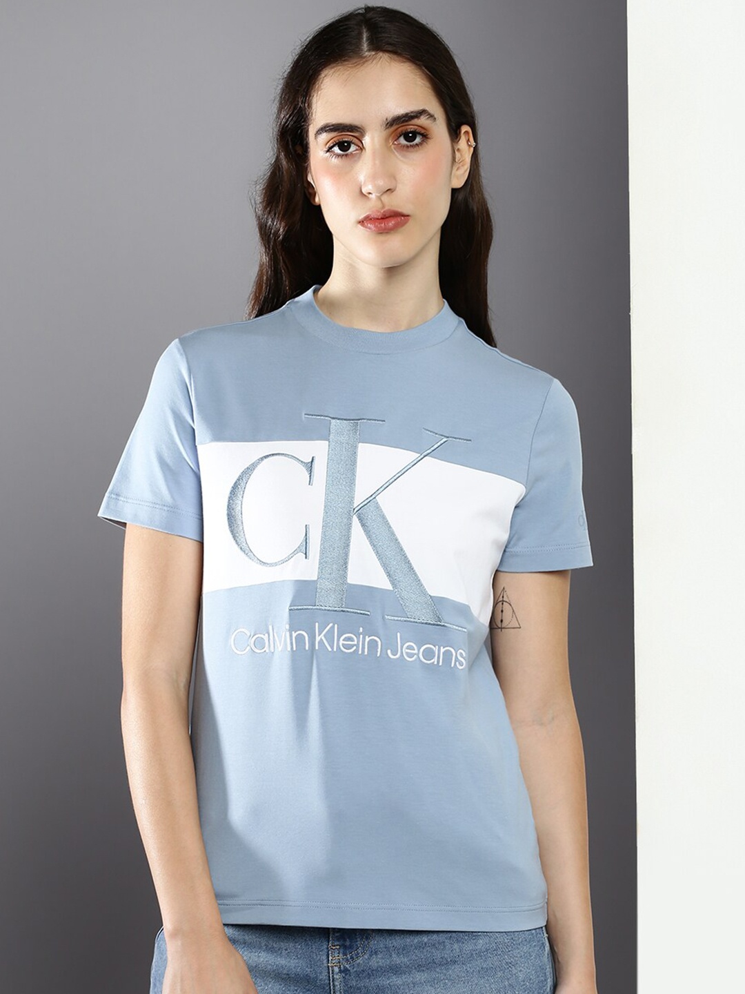 

Calvin Klein Jeans Women Round Neck Typography Printed T-shirt, Blue