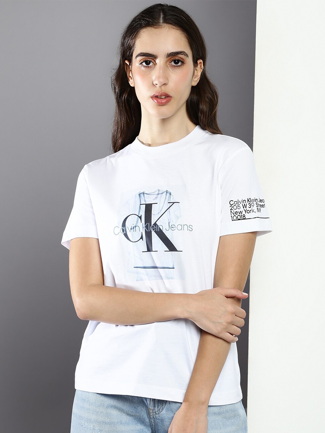 

Calvin Klein Jeans Women Round Neck Typography Printed Cotton T-shirt, White