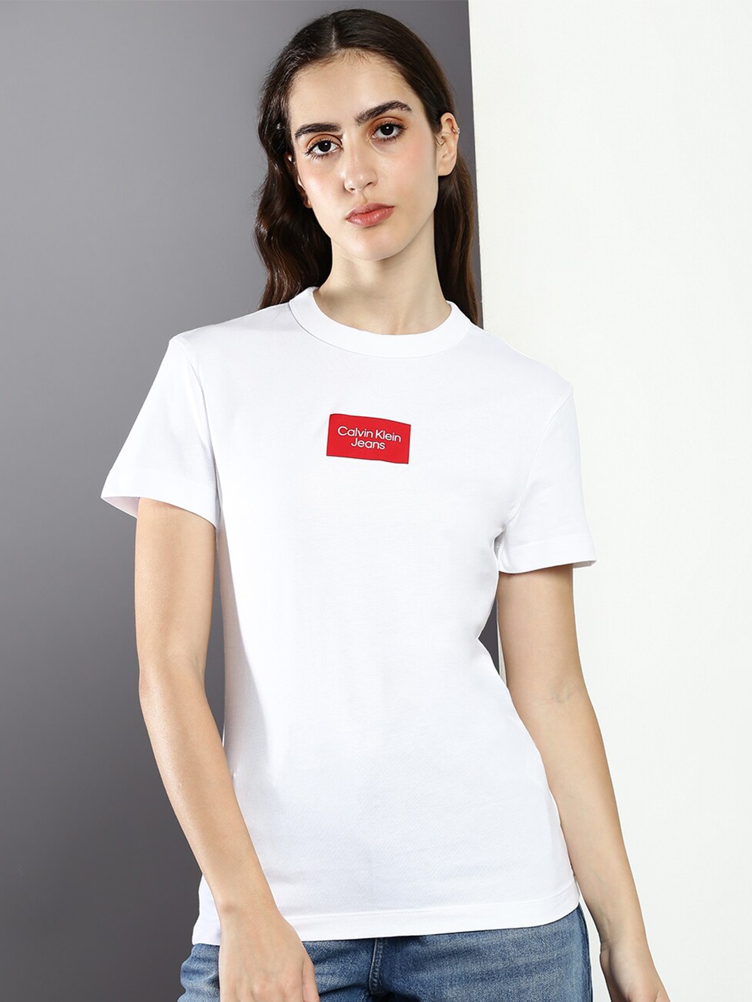 

Calvin Klein Jeans Women Cotton Round Neck Slim Fit T-shirt, White