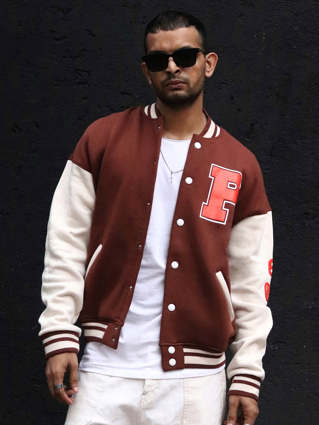 

Powerlook Men Colourblocked Organic Cotton Varsity Jacket, Brown