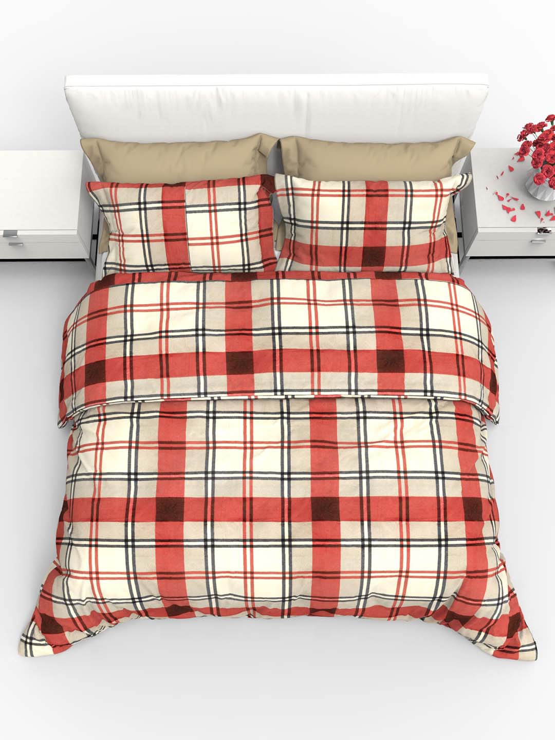 

THE WHITE MOSS Carmel Red 220 TC King Flat Pure Cotton Bedsheet with 2 Pillow Covers