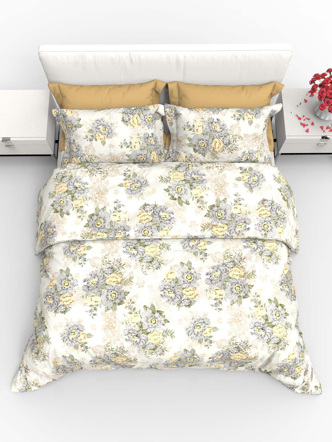 

THE WHITE MOSS Carmel Green 220 TC Flat Pure Cotton King Bedsheet with 2 Pillow Covers, Off white