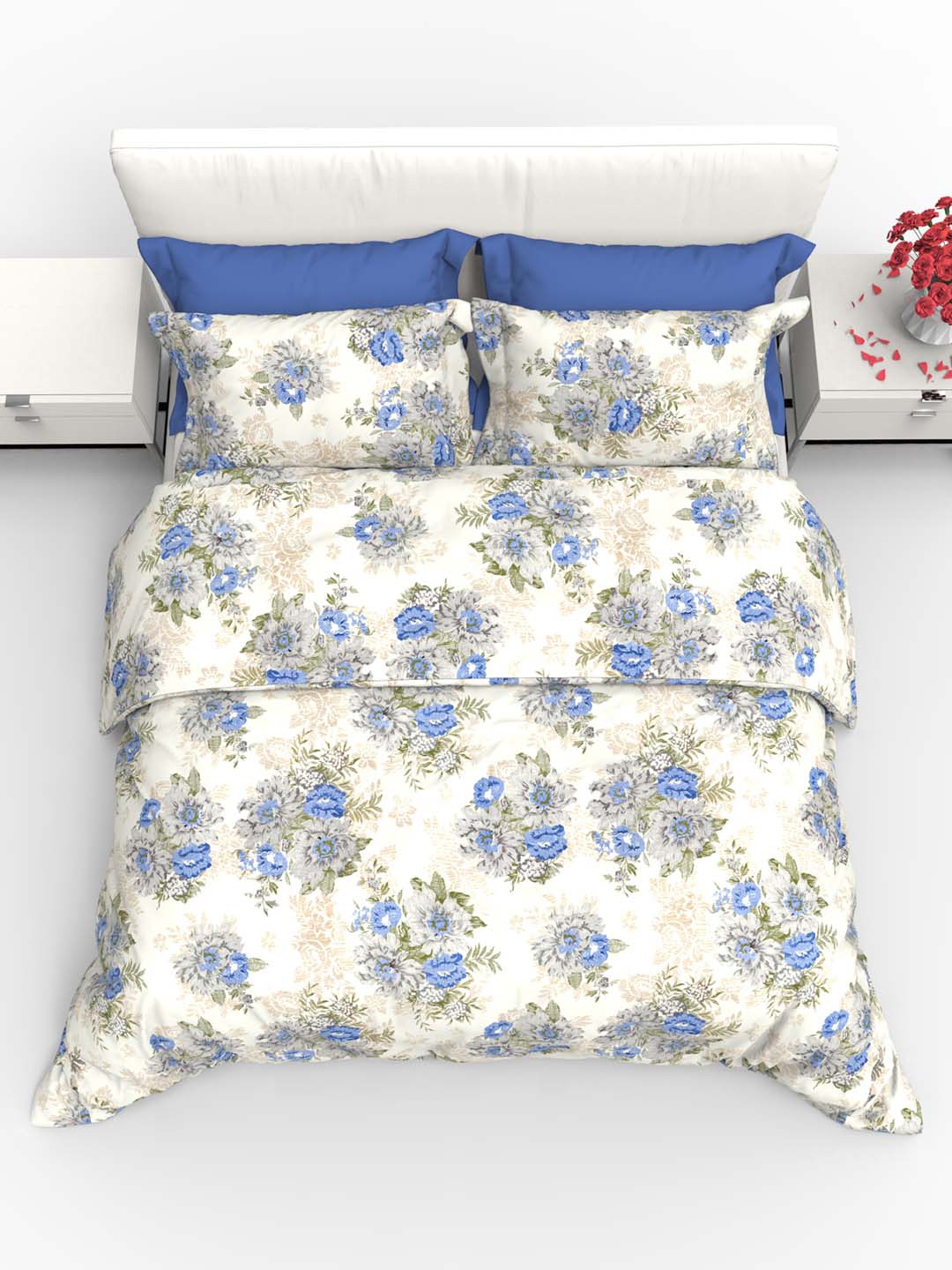 

THE WHITE MOSS Carmel Blue 220 TC Flat Pure Cotton King Bedsheet with 2 Pillow Covers