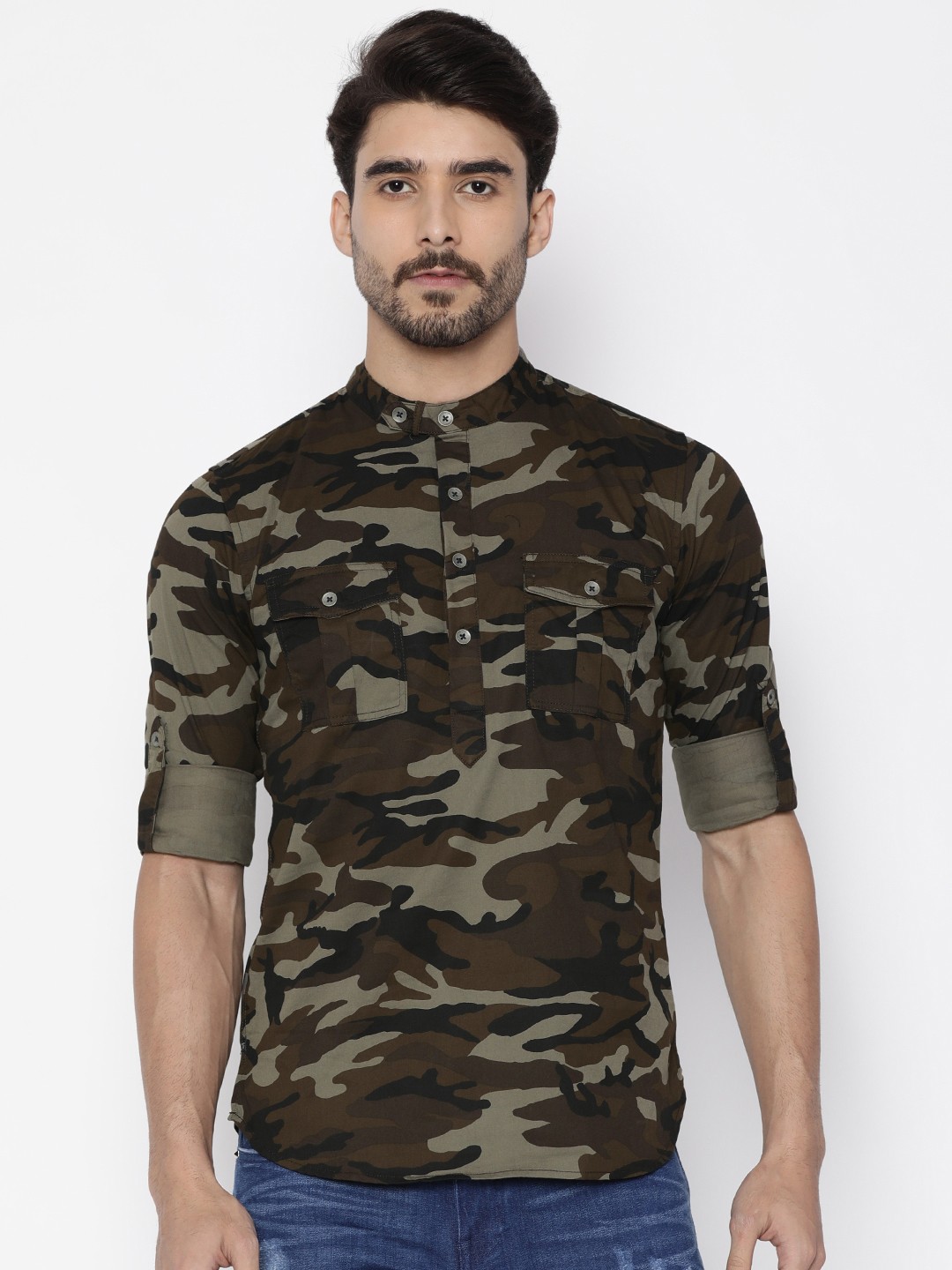 

The Indian Garage Co Men Olive Green Camouflage Print Straight Kurta