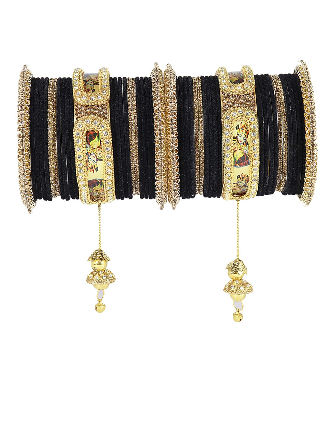 

NMII Set Of 46 Stone-Studded Raadha Krishna Printed Design Latkan Bangles, Black