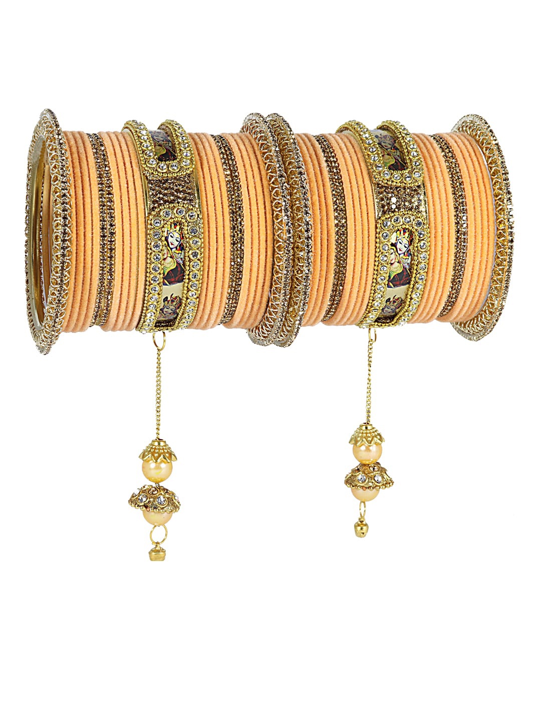 

NMII Set Of 46 Stone-Studded Raadha Krishna Printed Design Latkan Bangles, Yellow