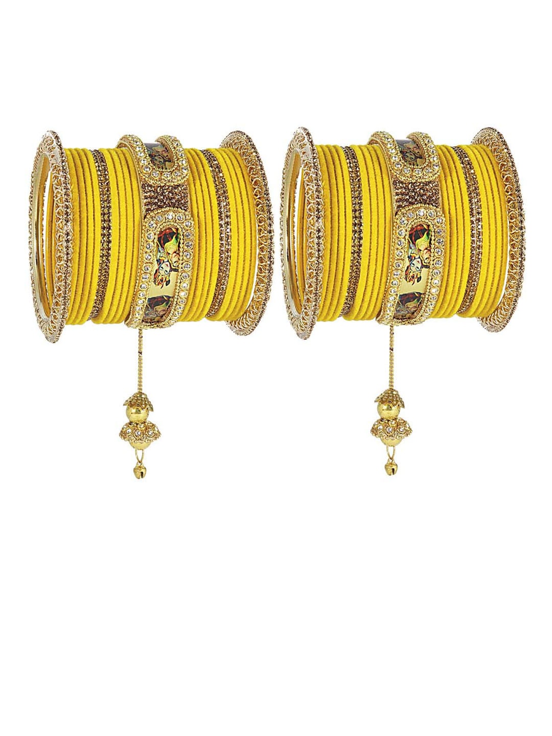 

NMII Set Of 46 Stone-Studded Raadha Krishna Printed Design Latkan Bangles, Yellow
