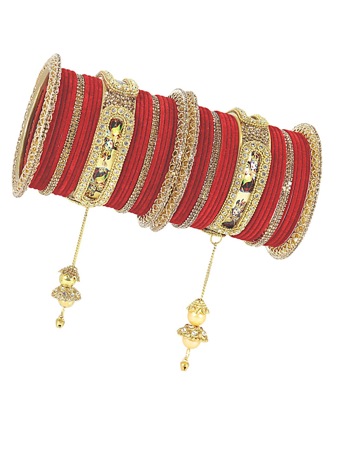 

NMII Set Of 46 Stone-Studded Raadha Krishna Printed Design Latkan Bangles, Red