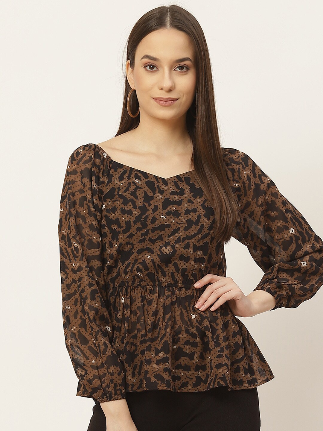 

Slenor Animal Print Georgette Cinched Waist Top, Brown