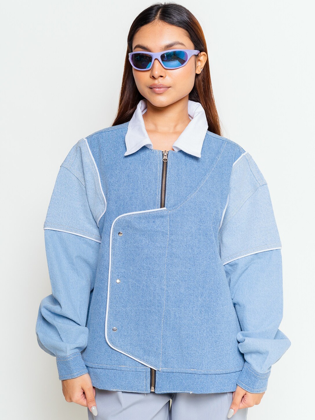 

FREAKINS Women Colourblocked Oversized Denim Jacket, Blue