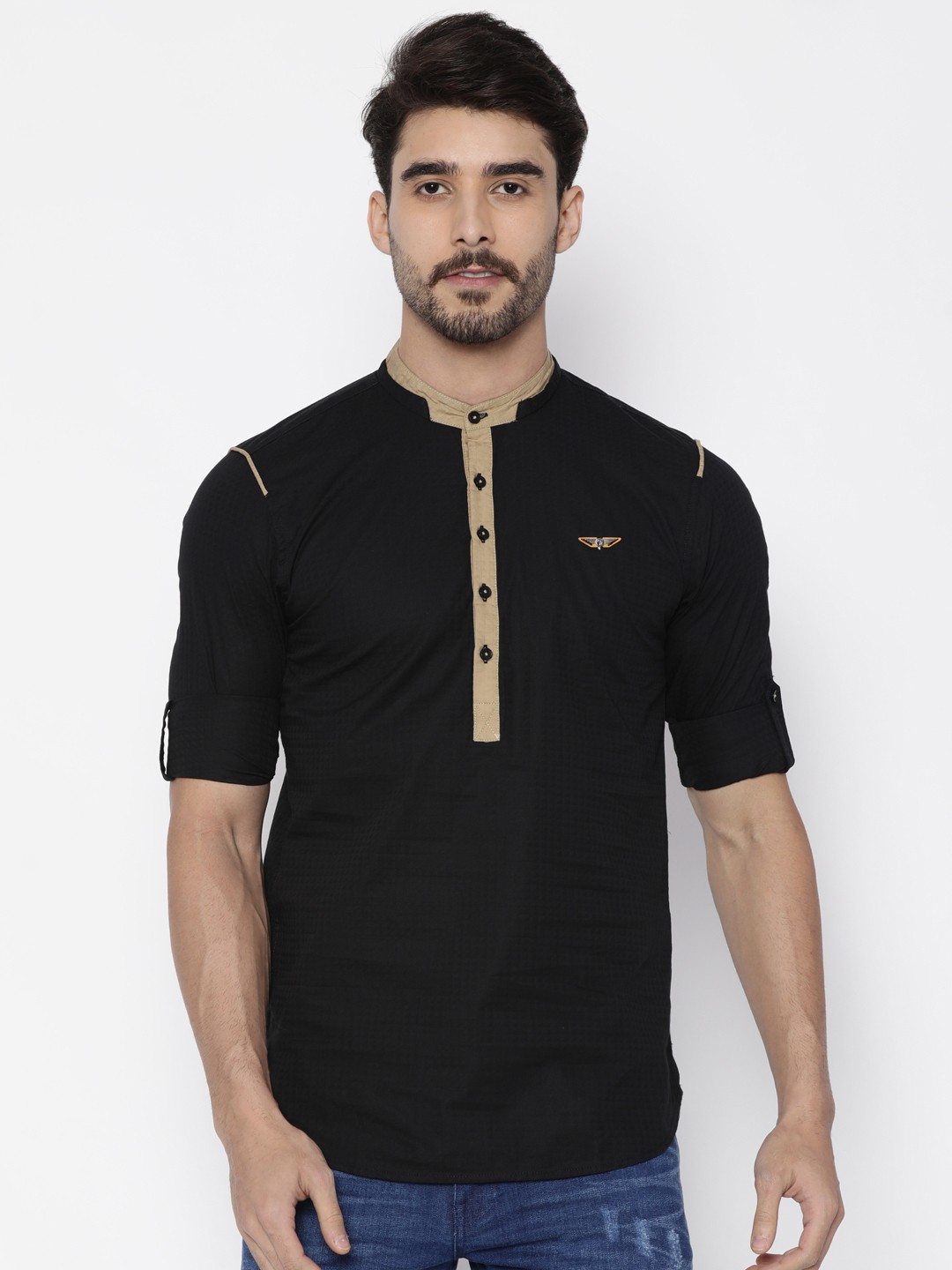 

The Indian Garage Co Men Black Woven Design Straight Kurta