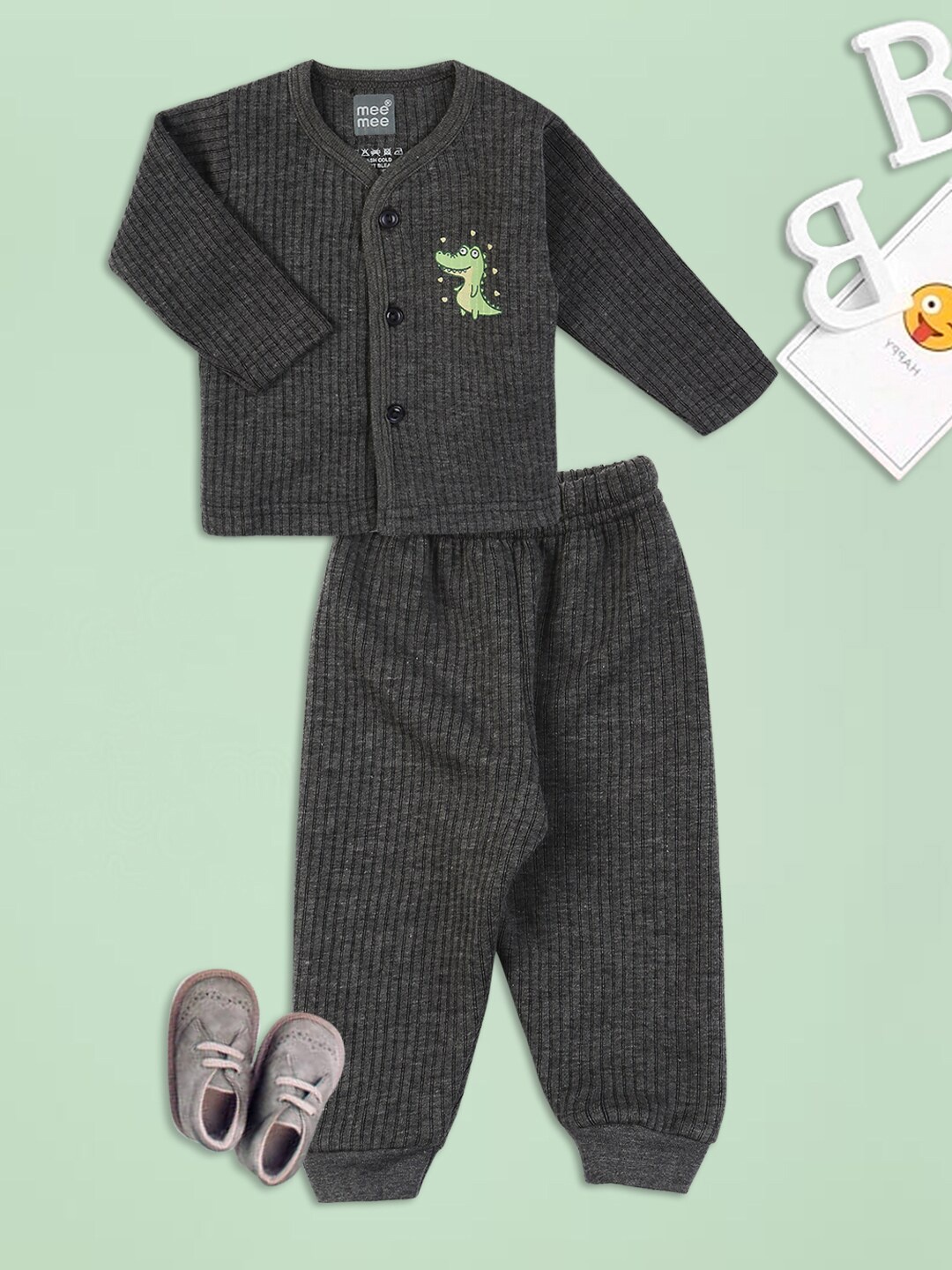 

MeeMee Infant Printed Ribbed Cotton Thermal Set, Grey