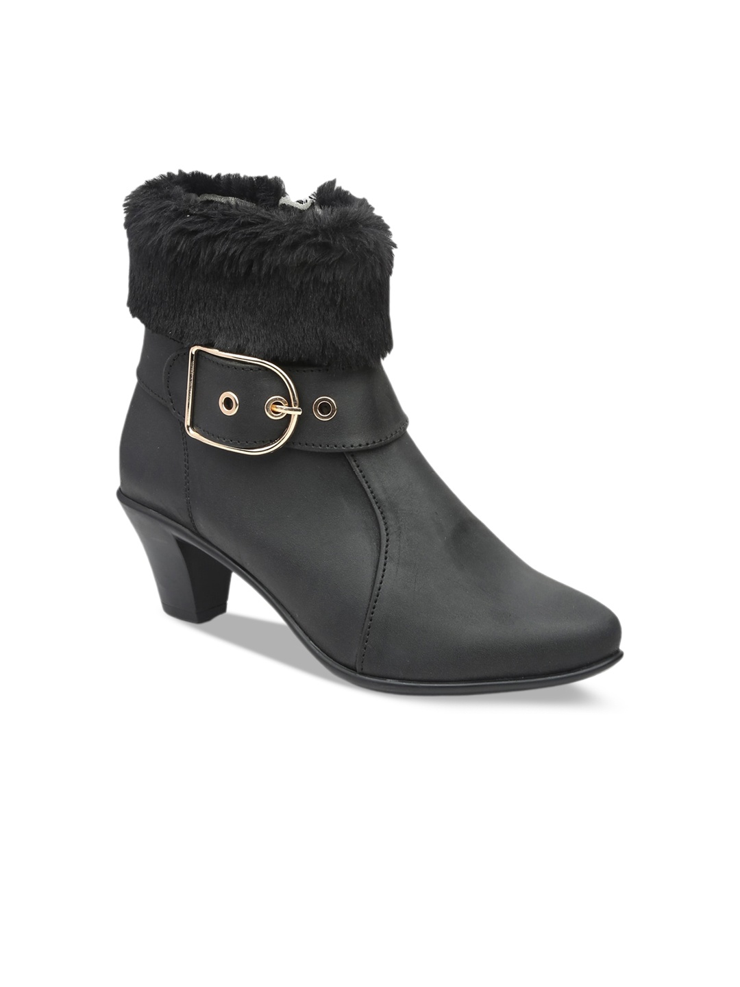 

VALIOSAA Women Faux Fur Trim Heeled Regular Boots, Black