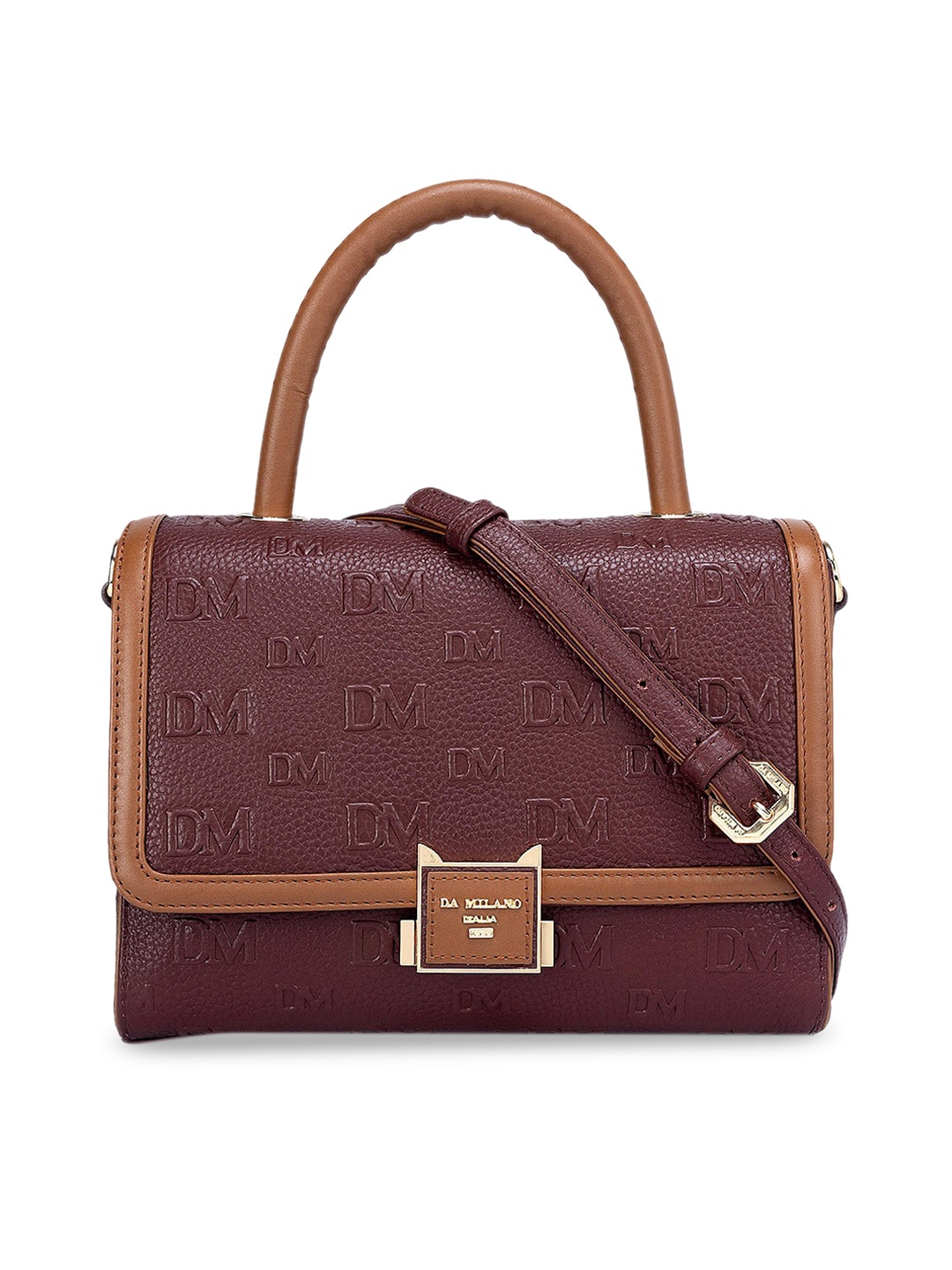 

Da Milano Geometric Leather Structured Satchel with Cut Work, Maroon