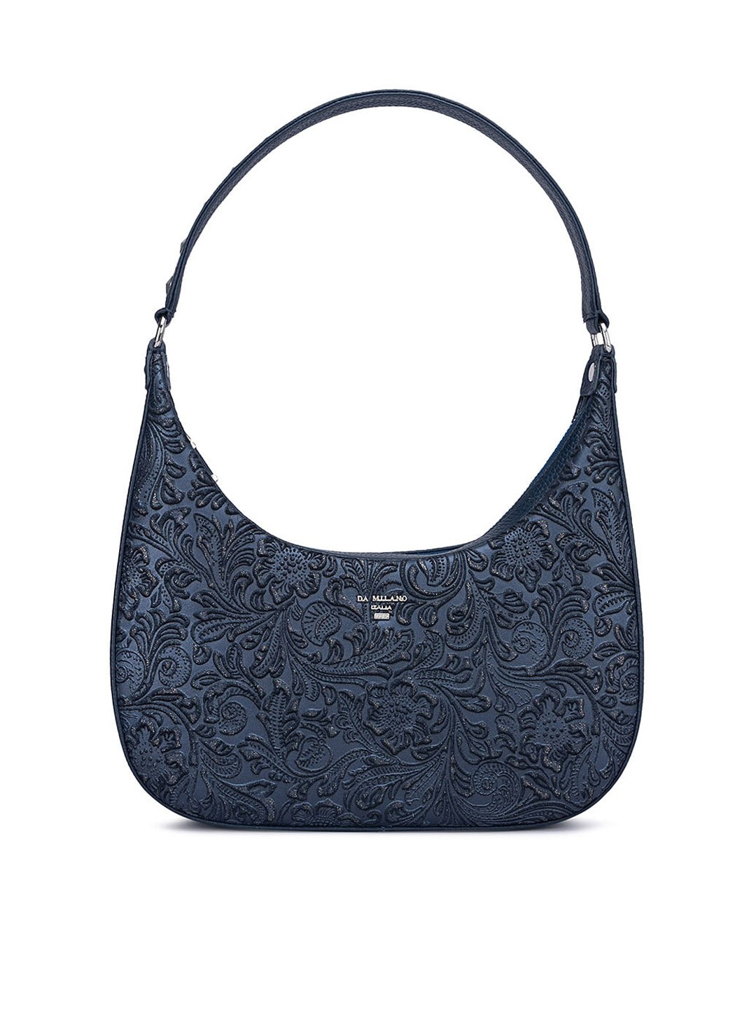 

Da Milano Floral Printed Half Moon Leather Shoulder Bag with Cut Work, Blue