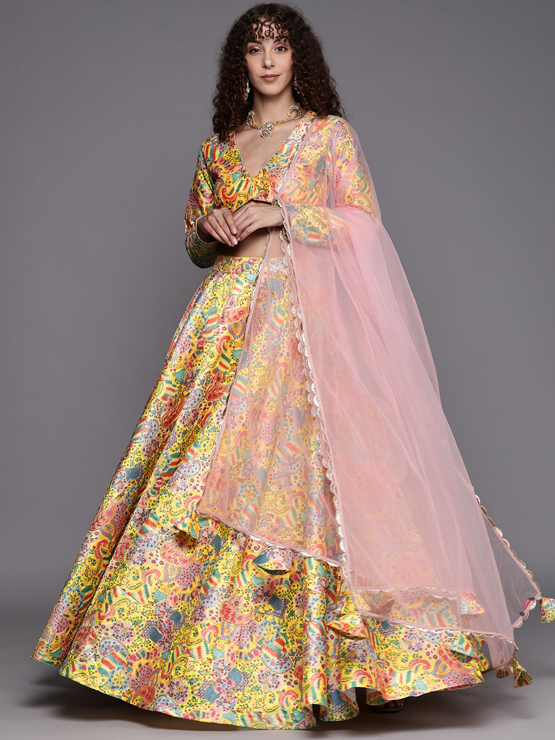 

Inddus Embroidered Thread Work Unstitched Lehenga & Blouse With Dupatta, Yellow