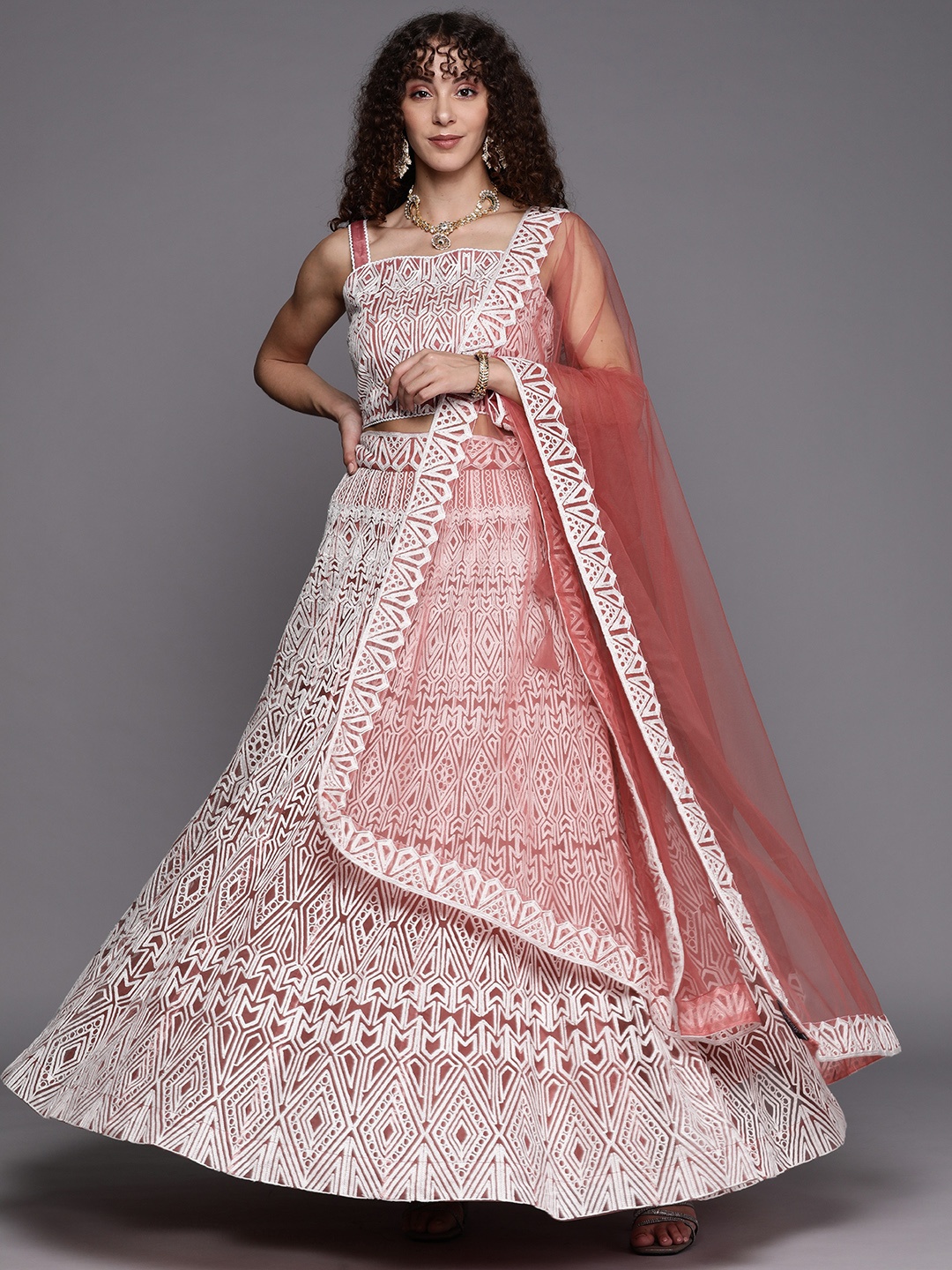 

Inddus Embroidered Thread Work Unstitched Lehenga & Blouse With Dupatta, Pink