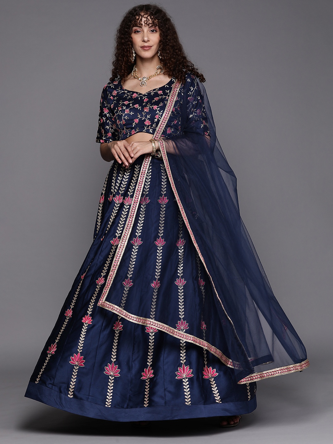 

Indduss Floral Zari Embroidered Unstitched Lehenga & Blouse With Dupatta, Navy blue