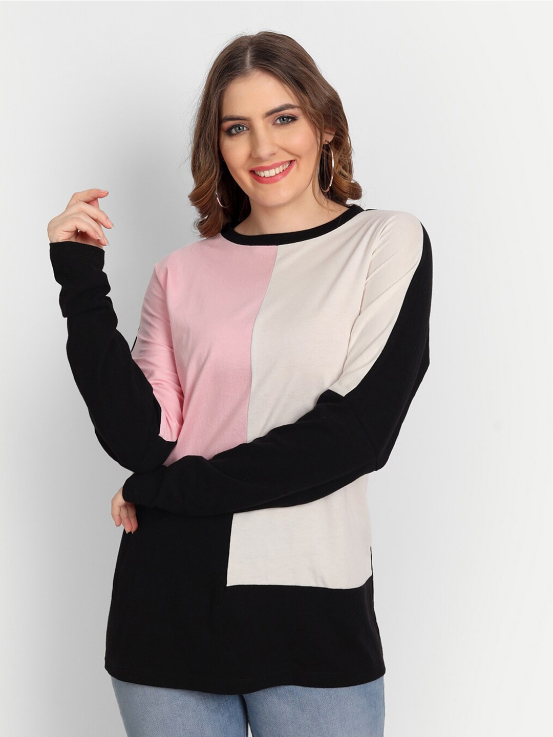 

DOLSU Colourblocked Cotton Round Neck Top, Pink