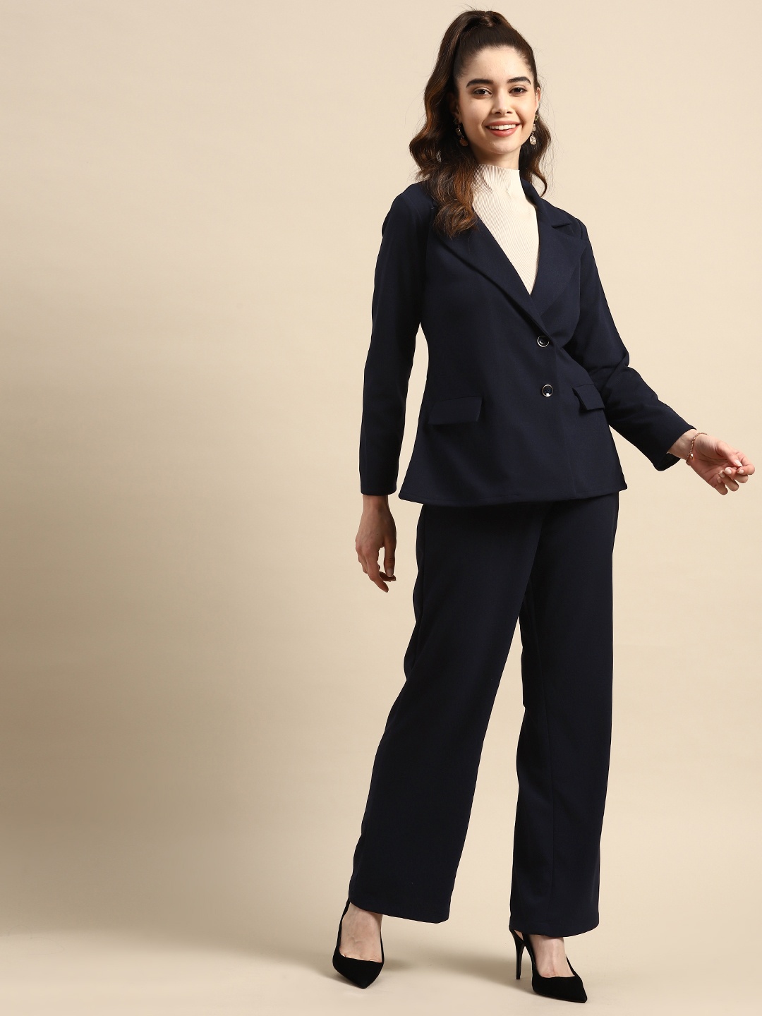 

WoowZerz Women Navy Blue Coat & Trousers Co-ord Set