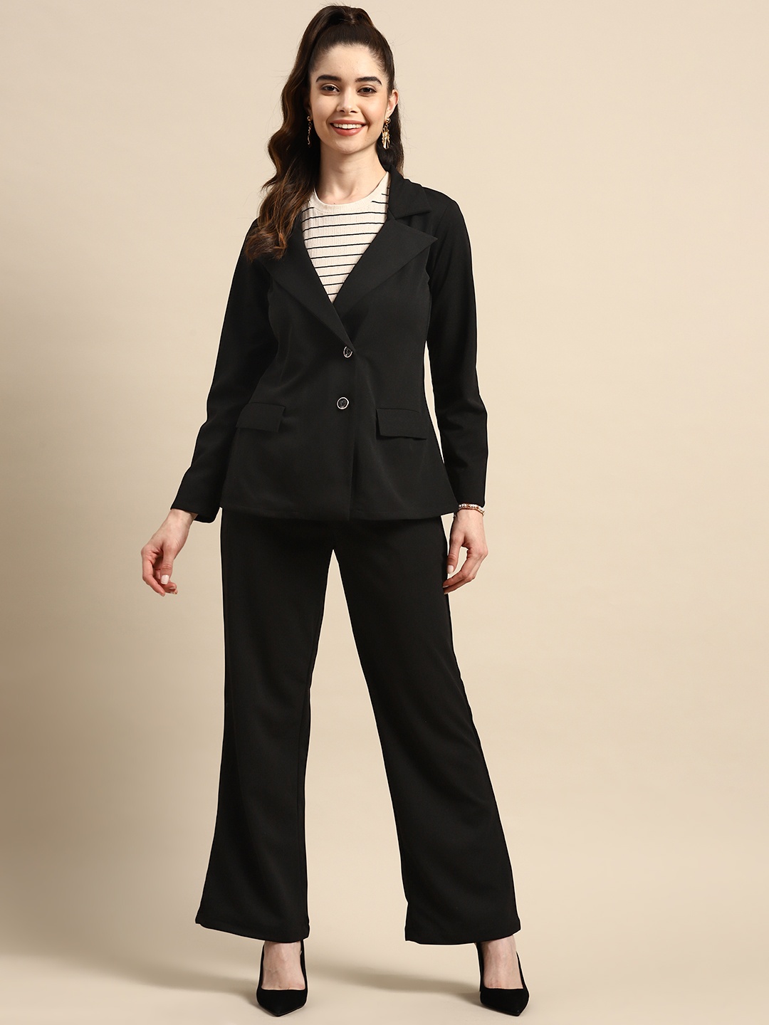 

WoowZerz Women Coat & Trousers Co-ord Set, Black