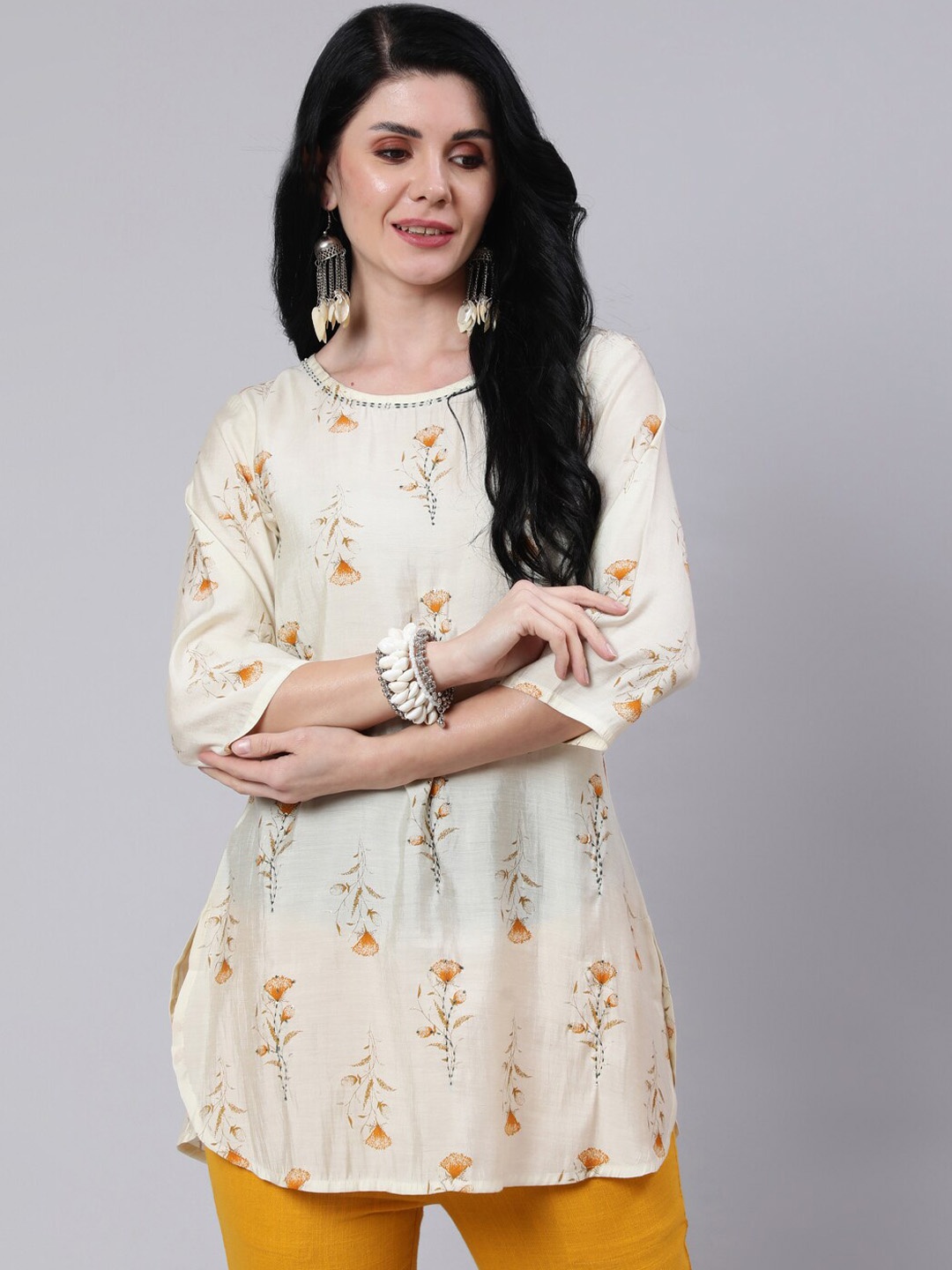 

Jaipur Kurti Floral Printed Thread Work Kurti, Mustard