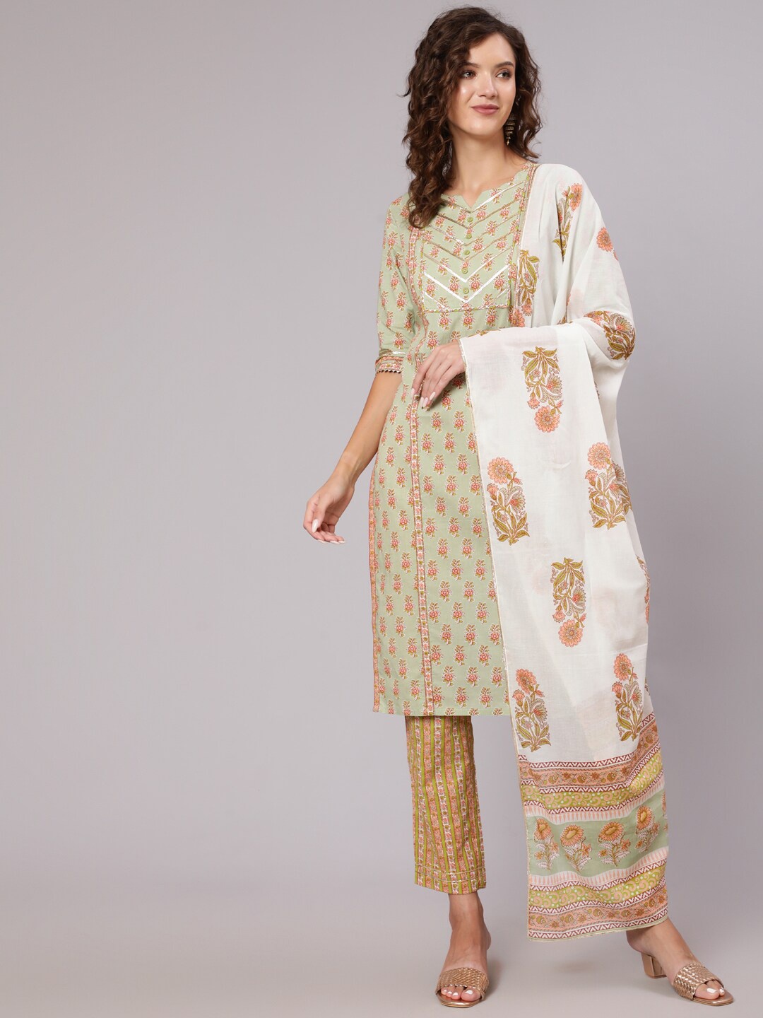 

Jaipur Kurti Ethnic Motifs Printed Gotta Patti Pure Cotton Kurta with Trousers & Dupatta, Green