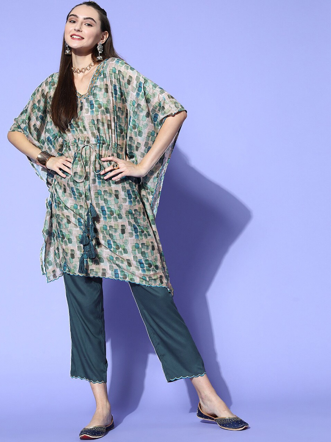 

Jaipur Kurti Printed Top with Trousers, Green