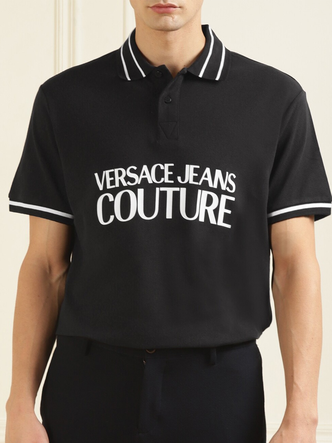 

Versace Jeans Couture Men Brand Logo Printed Polo Collar Cotton T-shirt, Black