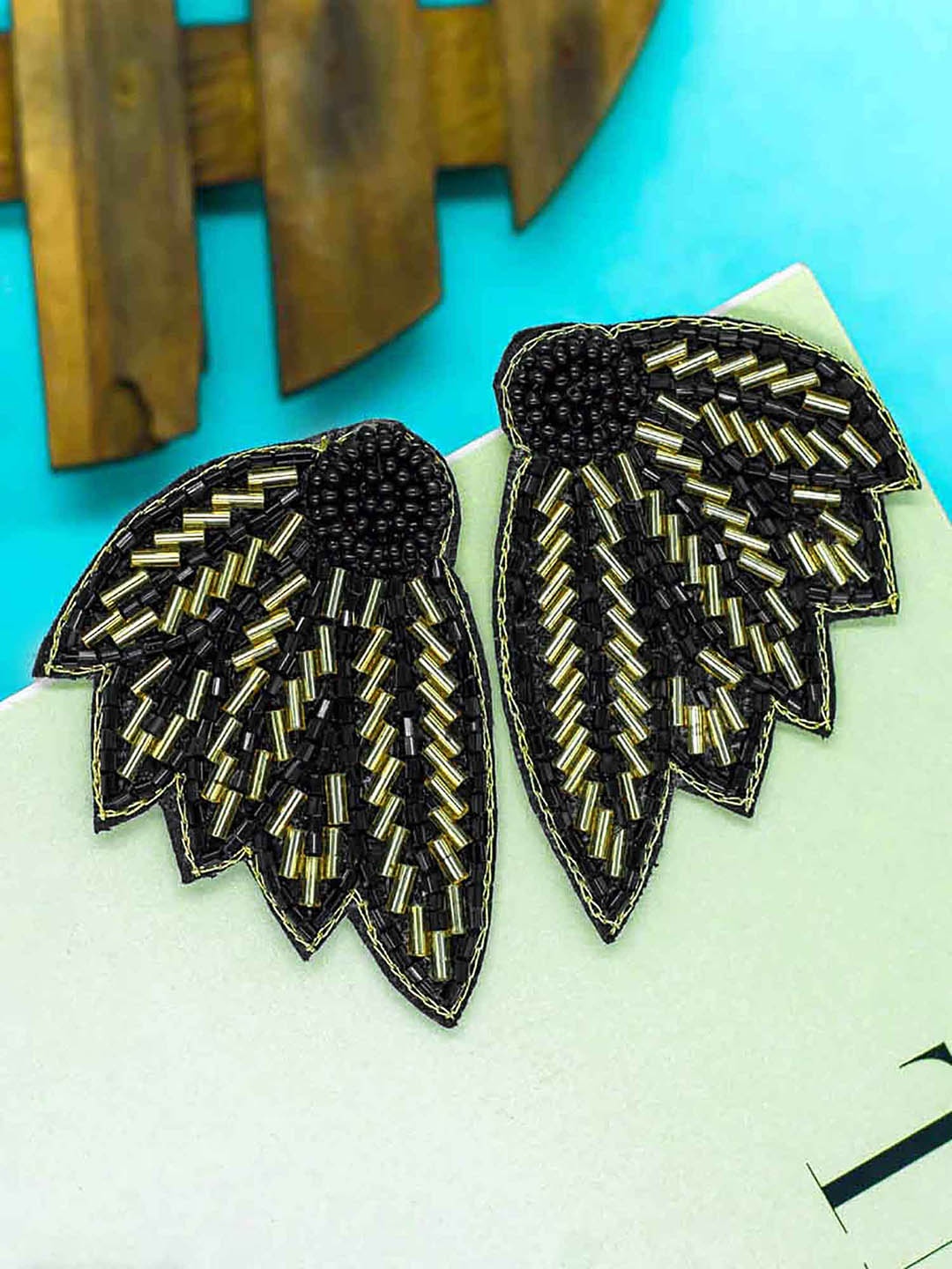 

Bellofox Beaded Fabric Leaf Shaped Studs Earrings, Black