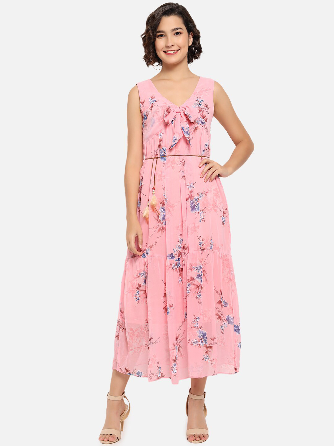 

Kannan Floral Printed V Neck Midi Dress, Pink