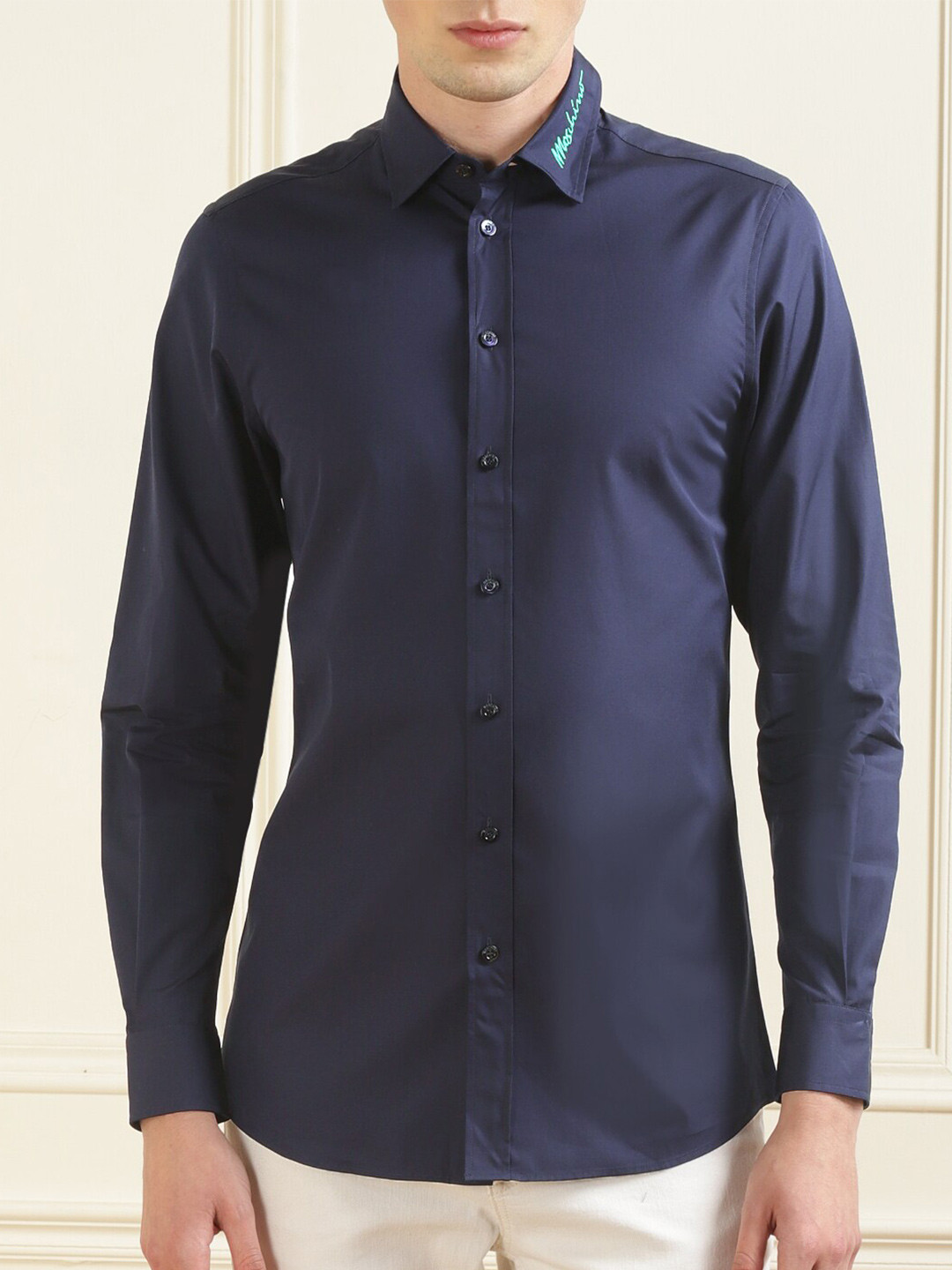 

MOSCHINO COUTURE Men Collar Branding Cotton Casual Shirt, Navy blue