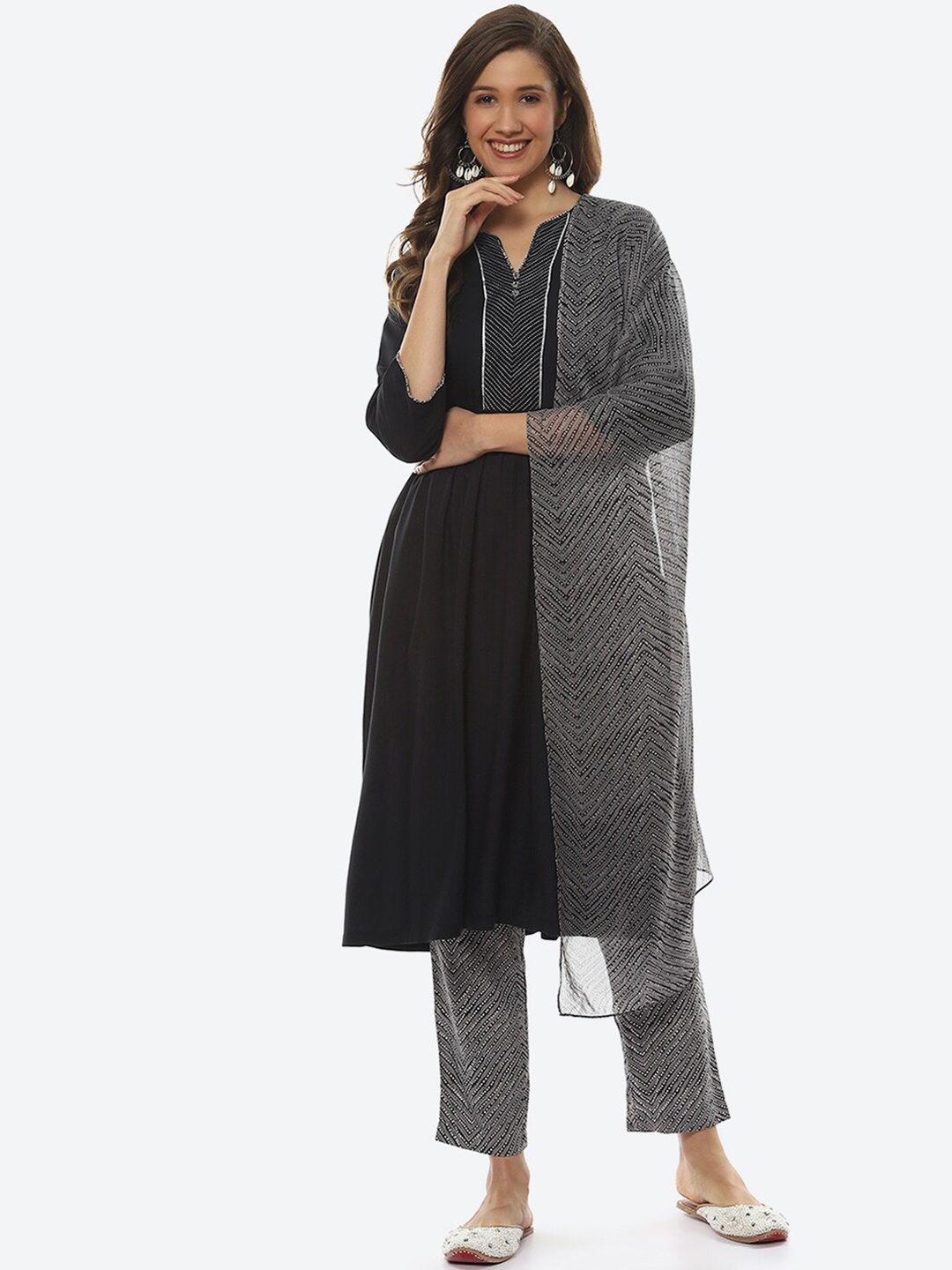 

Biba Women Pleated Kurta with Trousers & Dupatta, Black